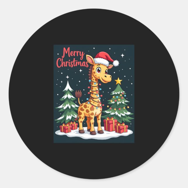 Giraffe Merry Christmas Tree Lighting Santa Giraff Classic Round Sticker (Front)