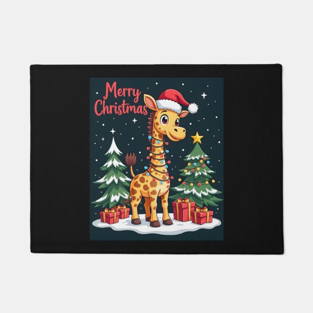 Giraffe Merry Christmas Tree Lighting Santa Giraff Doormat (Front)