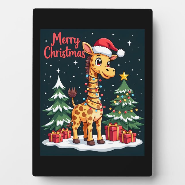 Giraffe Merry Christmas Tree Lighting Santa Giraff Plaque (Front)