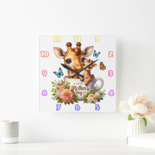 Giraffe Mom: Calf, Flowers, Mother's Day Square Wall Clock