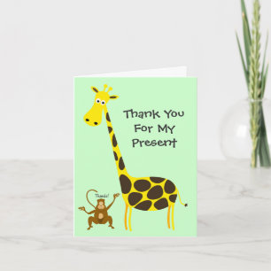 Giraffe Monkey THANK YOU FOR MY PRESENT Kids Card
