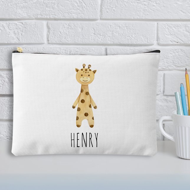 Giraffe monogram, cute kids  accessory pouch (Giraffe monogram, cute personalized kids pencil case sitting on a table alongside pens and pencils)