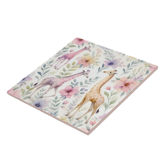 Giraffe Mural With Flowers Ceramic Tile (Side)