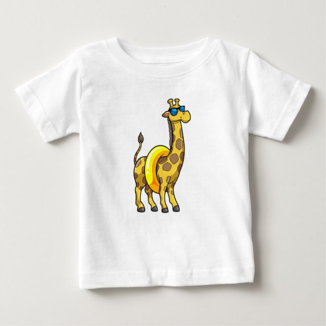Giraffe on Beach with Swim ring & Sunglasses Baby T-Shirt (Front)