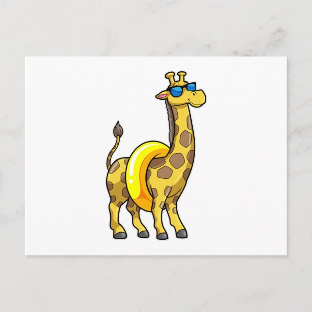 Giraffe on Beach with Swim ring & Sunglasses Postcard (Front)