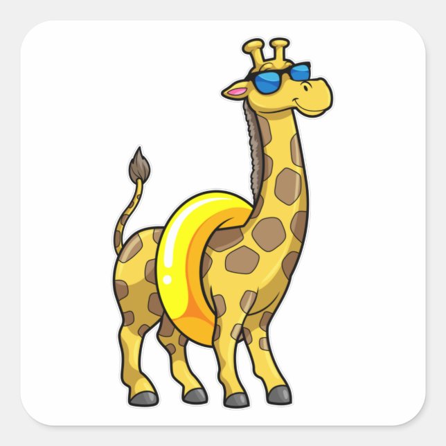 Giraffe on Beach with Swim ring & Sunglasses Square Sticker (Front)