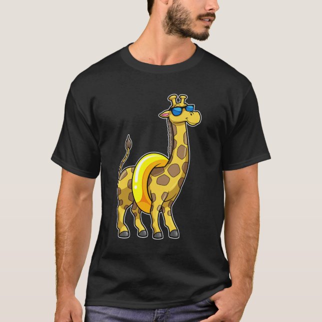 Giraffe on Beach with Swim ring & Sunglasses T-Shirt (Front)