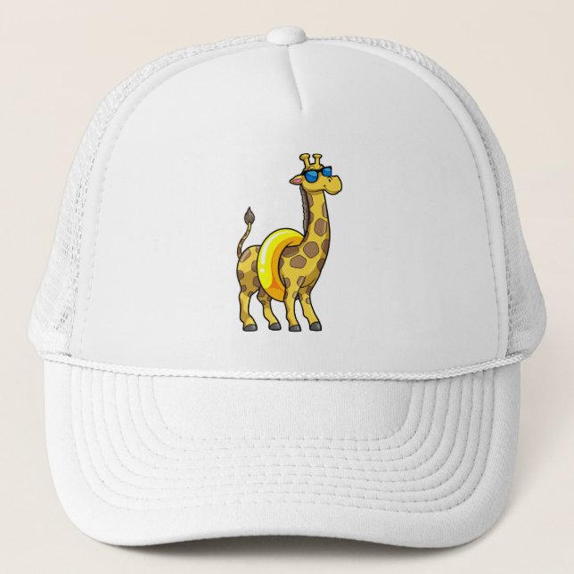 Giraffe on Beach with Swim ring & Sunglasses Trucker Hat (Front)