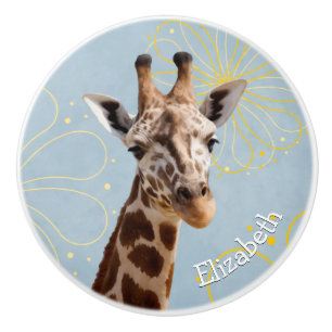 Giraffe on sunny blue sky background childs name ceramic knob