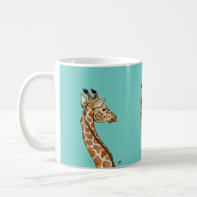 Giraffe on teal background coffee mug (Left)