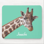 Giraffe on Teal Green Personalised Name Mouse Pad<br><div class="desc">Portrait photography of a cute giraffe on a light teal green background,  which you can personalise with your own name or text,  or you can delete the text if you want. You can also change the teal green background colour in any colour you like by customising the product.</div>