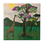 Giraffe on the Planes of Africa Ceramic Tile<br><div class="desc">Planes of Africa II by Alonzo Saunders. The beauty of widlife is captured in this art with the sun slowly setting as a giraffe eats leaves from a colourful tree on the African planes. | 132935GG</div>