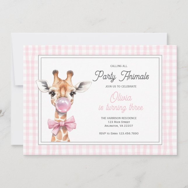 Giraffe Party Animal Birthday Invitation – Pink (Front)