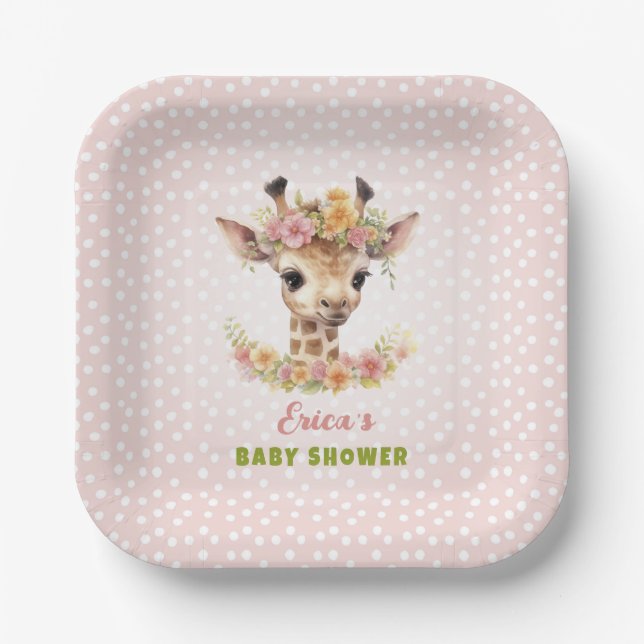 Giraffe Pink Baby Girl Shower Sprinkle Wild Jungle Paper Plate (Front)