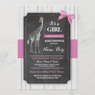 Giraffe Pink Baby Shower Party Girls Wood Invite