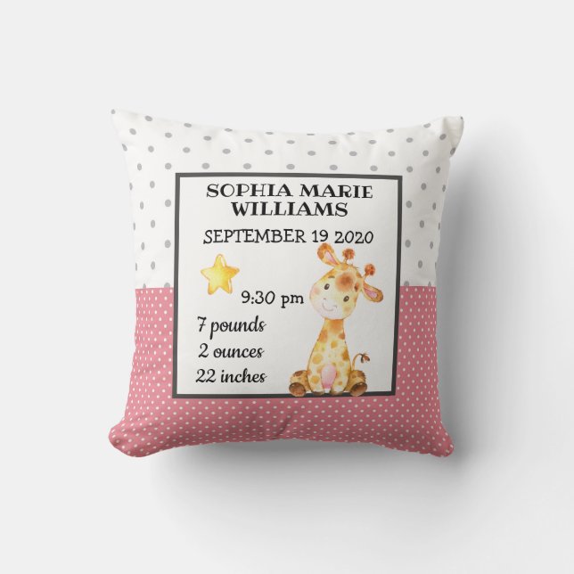 Giraffe Pink Birth Stats Baby Announcement Girl Cushion (Front)