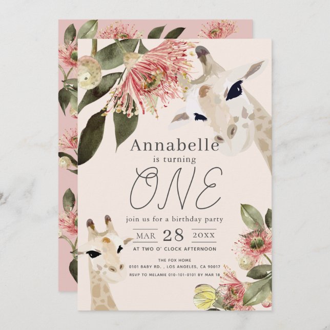 Giraffe Pink Floral Girl 1st Birthday Invitation (Front/Back)