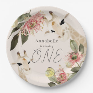 Giraffe Pink Floral Girl 1st Birthday Paper Plate