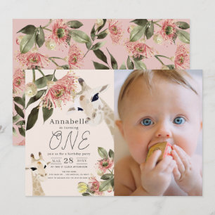 Giraffe Pink Floral Girl 1st Birthday Photo Invitation