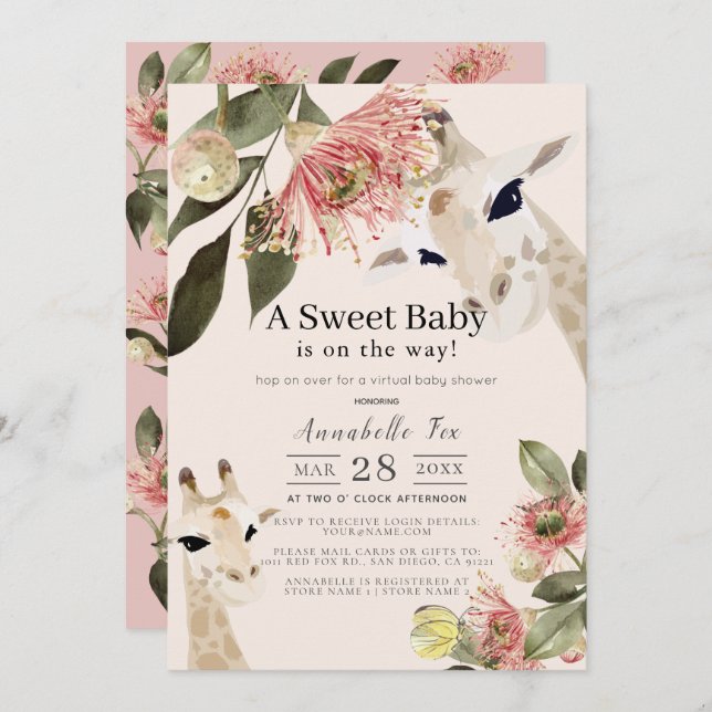 Giraffe Pink Floral Girl Virtual Baby Shower Invitation (Front/Back)