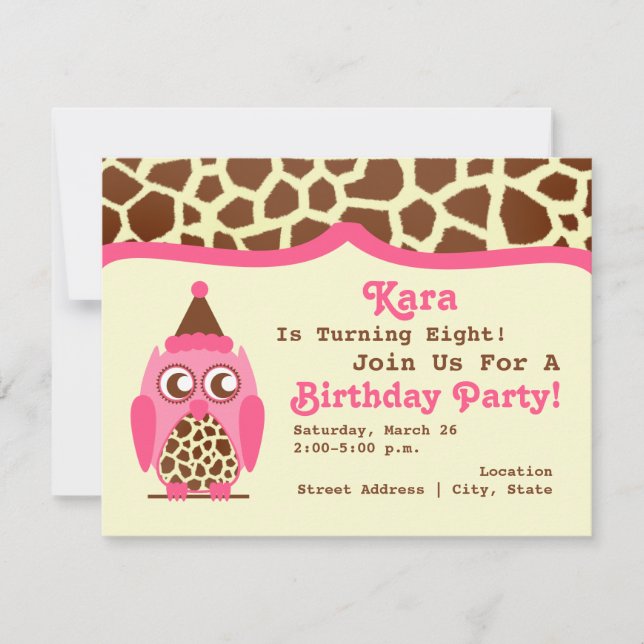 Giraffe & Pink Owl Birthday Party Invite (Front)
