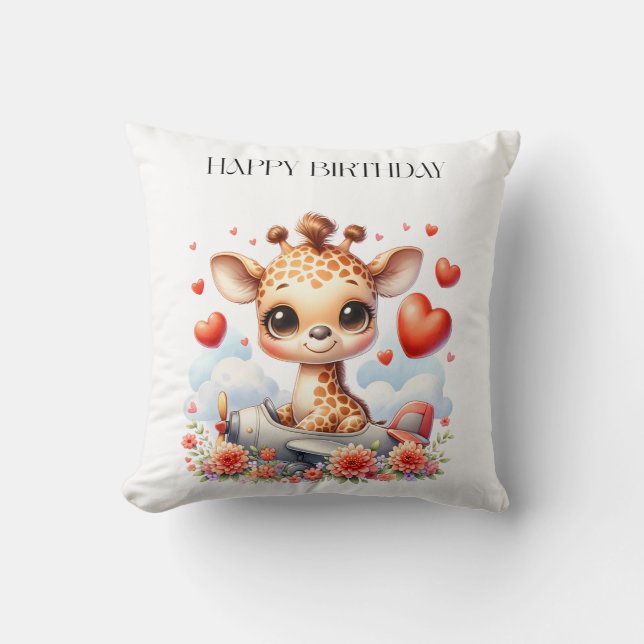 Giraffe Plane Birthday Cushion (Front)