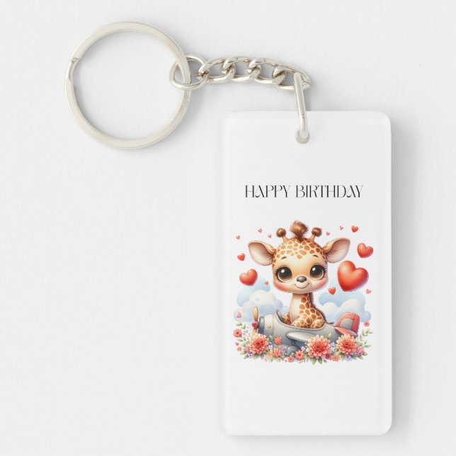 Giraffe Plane Birthday Key Ring (Front)