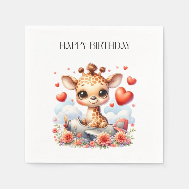 Giraffe Plane Birthday Napkin (Front)