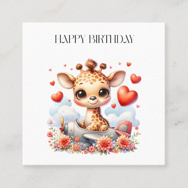 Giraffe Plane Birthday Square Business Card (Front)
