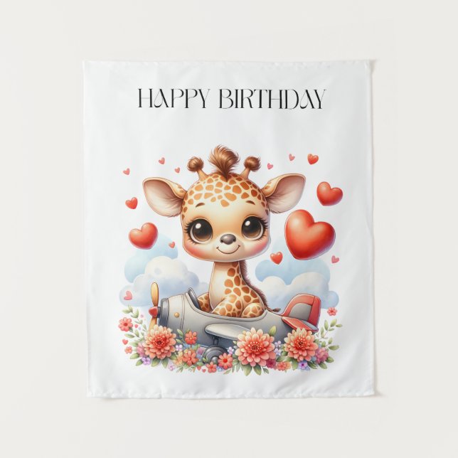 Giraffe Plane Birthday Tapestry (Front)
