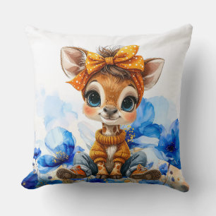 Giraffe polka dot bow blue poppies cushion