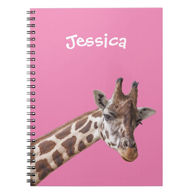 Giraffe Portrait on Pink Girly Name Notebook (Front)