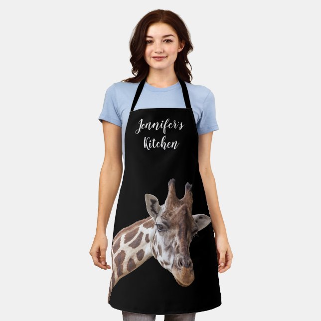 Giraffe Portrait Photo Personalised Name Apron (Worn)