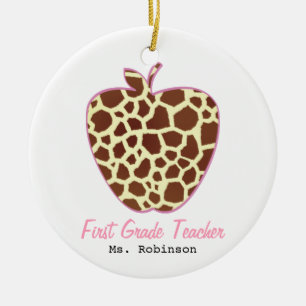 Giraffe Print Apple First Grade Teacher Ceramic Ornament