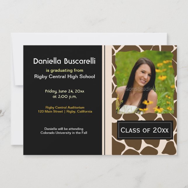 GIRAFFE PRINT GRADUATION ANNOUNCEMENT Black/Cream (Front)