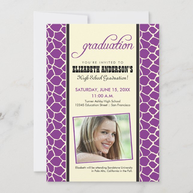 Giraffe Print Graduation Announcement (purple) (Front)