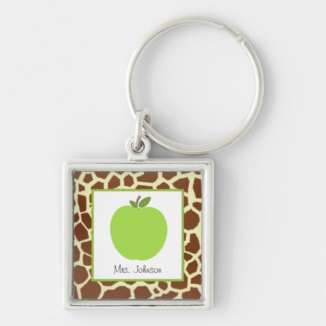 Giraffe Print & Green Apple Personalised Teacher Key Ring (Front)