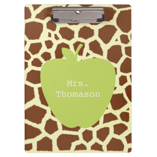 Giraffe Print Green Apple Teacher Clipboard (Front)