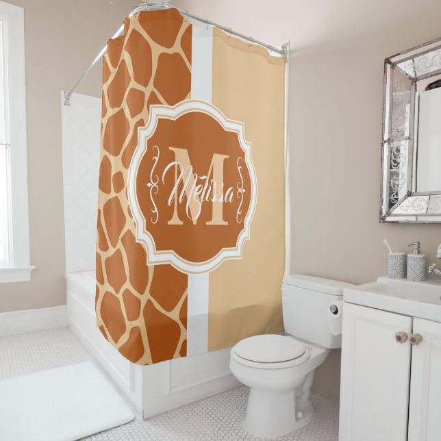 Giraffe Print Monogram Shower Curtain (In Situ)