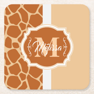 Giraffe Print Monogram Square Paper Coaster