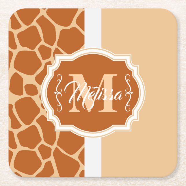 Giraffe Print Monogram Square Paper Coaster (Front)