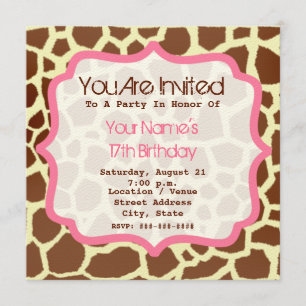 Giraffe Print & Pink Birthday Party Invitation