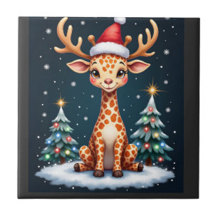 Giraffe Reindeer Hat Santa Christmas Tree Funny Xm Ceramic Tile