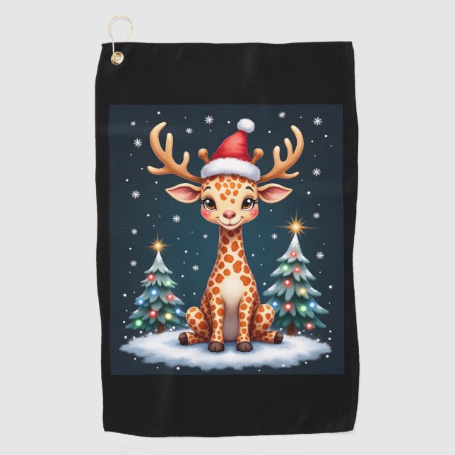 Giraffe Reindeer Hat Santa Christmas Tree Funny Xm Golf Towel (Front)