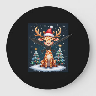 Giraffe Reindeer Hat Santa Christmas Tree Funny Xm Large Clock