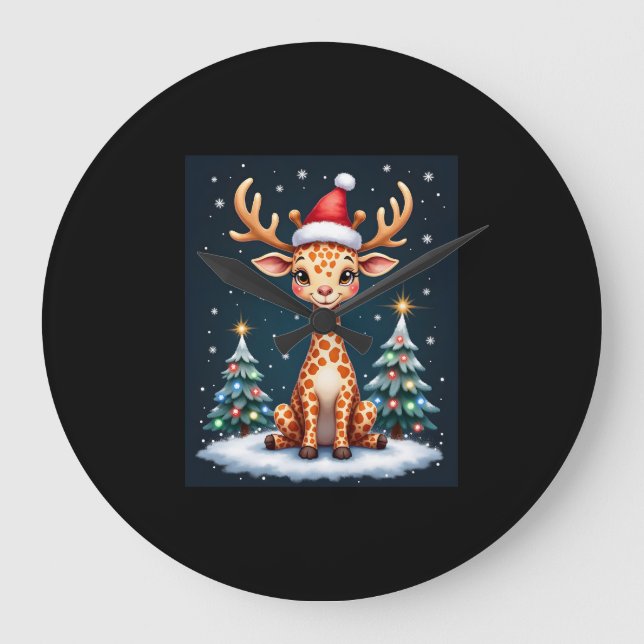 Giraffe Reindeer Hat Santa Christmas Tree Funny Xm Large Clock (Front)