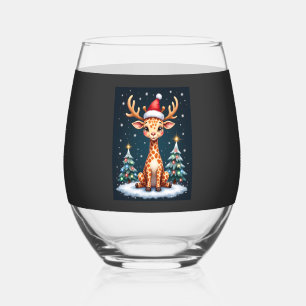 Giraffe Reindeer Hat Santa Christmas Tree Funny Xm Stemless Wine Glass