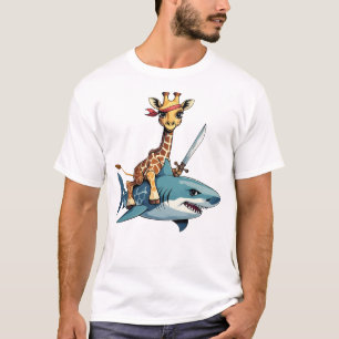 Giraffe Riding a Shark with a Sword – Surreal Art T-Shirt