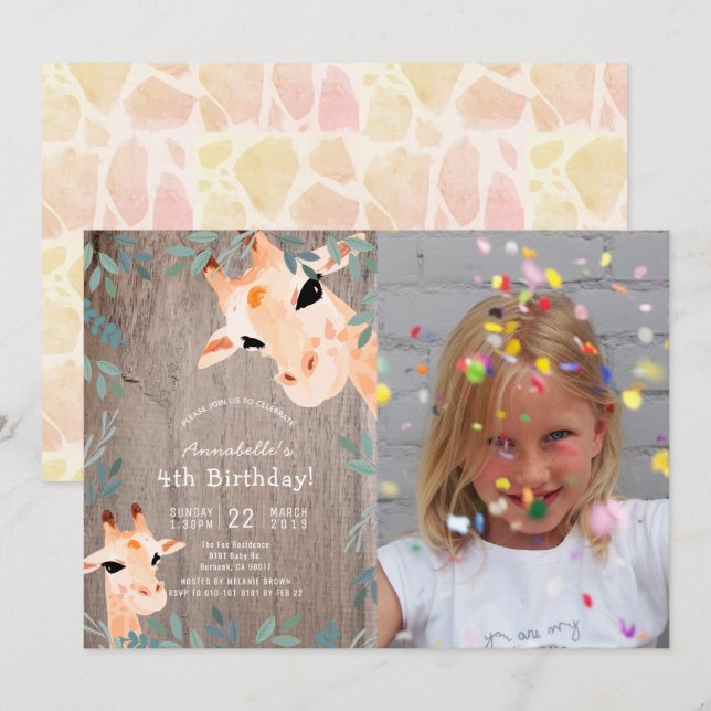 Giraffe Rustic Wood Greenery Photo Kids Birthday Invitation (Front/Back)