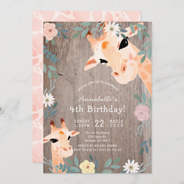 Giraffe Rustic Wood Pink Floral Birthday Invitation (Front/Back)